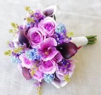 wedding photo - Wedding Purple Mix of Fuchsia, and Blue Lilac Natural Touch Orchids, Callas and Roses Silk Flower Bride Bouquet
