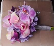 wedding photo - Wedding Purple Mix of Pink and Lilac Lavender Natural Touch Orchids, Callas and Hydrangeas Silk Flower Bride Bouquet