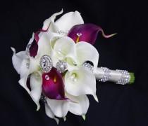 wedding photo - Wedding Brooch Bouquet Off White and Purple Natural Touch Calla Lilies Silk Bridal Jewel Flowers