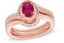 wedding photo - Oval Lab-Created Ruby and White Sapphire Swirl Frame Bridal Set in Sterling Silver and 14K Rose Gold Plate
