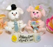 wedding photo - Bunny wedding cake topper with banner, customizable, bride and groom figurines