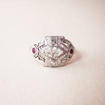 wedding photo - Antique Art Deco Diamond and Ruby Engagement Ring - 18K White Gold