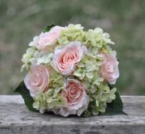 wedding photo - Silk Wedding Bouquet, Wedding Bouquet, Keepsake Bouquet, Bridal Bouquet Coral rose and green hydrangea wedding bouquet made of silk roses.