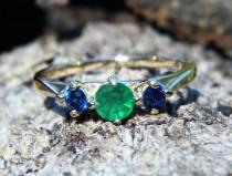 wedding photo - Sapphire and emerald ring, sapphire engagement ring, emerald engagement ring, sapphire ring, emerald sapphire three stone gold anniversary