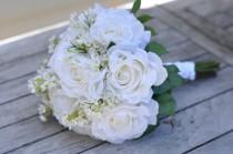 wedding photo - Silk Wedding Bouquet, Wedding Bouquet, Keepsake Bouquet, Bridal Bouquet White Roses with White Waxflower Wedding Bouquet.