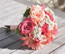 wedding photo - Summer Wedding Bouquet, Keepsake Bouquet, Bridal Bouquet made with Coral Rose, Pink Rose, Orange Dahlia silk Silk Wedding Bouquet.