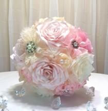 wedding photo - Brooch bouquet with matching boutonniere and toss bouquet, Paper bouquet,  Satin ribbon brooch bouquet, Pearl and rhinestone brooch bouquet