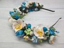 wedding photo - Bridal floral crown Floral accessory Mother wedding Bridesmaids jewelry Blue flower jewelry White flower jewelry Blue bridal jewelry Blush