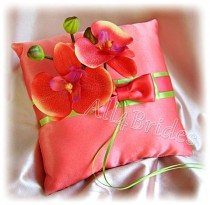 wedding photo - Coral and green weddings ring bearer pillow, coral orchids pillow, wedding ring cushion