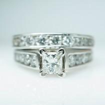 wedding photo - HOLIDAY SALE - Vintage Platinum Diamond Engagement Ring & Wedding Band Complete Bridal Set Princess Cut Vintage Engagement Rings