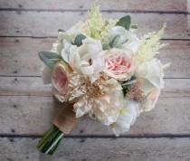 wedding photo - Wedding Bouquet - Blush Pink and Ivory Garden Rose Dahlia and Peony Wedding Bouquet With Burlap Wrap