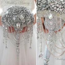 wedding photo - Luxury full jeweled silver brooch bouquet by MemoryWedding. Wedding glamour Gatsby crystal bling cascading, lux handle bouqet