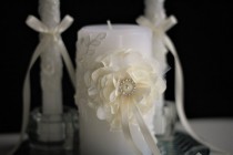 wedding photo - Ivory Wedding Candles  Ivory Lace Unity Candles   Cake Serving Set   Champagne Glasses with Flower  Ceremony Candles   Wedding Flutes