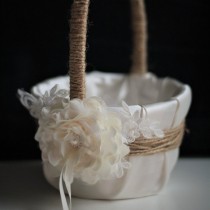 wedding photo -  Burlap Flower Girl Basket   Ivory Ring Bearer Pillow Set \ Natural Rustic Wedding Basket & Ivory Rustic Ring Pillow with Lace and Flower