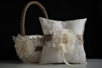 wedding photo -  Rustic Burlap Flower Girl Basket, Ring Bearer Pillow Set \ Natural Rustic Wedding Basket & Ivory Rustic Ring Pillow with Lace and Flower