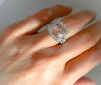 wedding photo - Morganite & Diamond Halo Engagement Ring 10mm Cushion Cut Center Natural Diamonds Matching Diamond Wedding Band Pristine Custom Rings