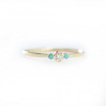 wedding photo - 14k Solid Gold Diamond With Natural Turquoise Engagement Ring, Stackable Dainty Ring, Simple Skinny Ring