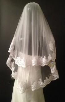 wedding photo - Wedding alencon lace veil. Bridal white veil, ivory veil. Cathedral headpiece.