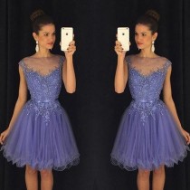 wedding photo -  Cheap Bateau Cap Sleeves Short Homecoming Dress with Appliques Under 100 from Dressywomen