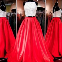 wedding photo -  Two Piece Red Homecoming Dress -Floor-Length Square Neck Open Back Appliques from Dressywomen