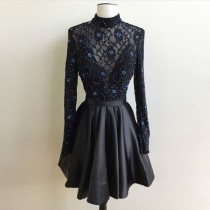 wedding photo -  Generous High Neck Long Sleeves Open Back Short Black Homecoming Dress with Beading Lace from Dressywomen
