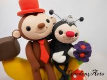 wedding photo - Wedding Cake Topper--Customized Love Monkey & Ladybug Couple with Sweet Banana and Grass Base