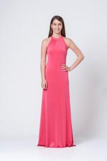 wedding photo - Coral pink Halter neck dress - Coral pink back opening bridesmaid maxi dress - Coral pink off Shoulders maxi dress