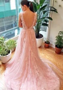 wedding photo - Pink Blush Lace V Back Wedding Dress