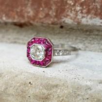 wedding photo - Vintage Art Deco Ruby Diamond Halo Target Engagement Ring in Platinum