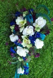 wedding photo - Royal Peacock Wedding Flowers Bridal Bouquet Real Touch Roses and Orchids TeaL, PLuM, BLue, aND GReeN WeDDiNG FLoWeRS