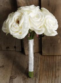 wedding photo - Bouquet of White Roses - Bridal Flower Bouquet, Silk Flowers 10"