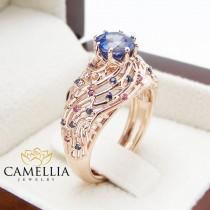 wedding photo - Unique Design Sapphire and Ruby Engagement Ring Filigree 14K Rose Gold Ring Natural Sapphire and Ruby Ring Art Deco Engagement Ring