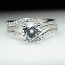 wedding photo - Diamond Swirl Diamond Solitaire Engagement Ring & Matching Wedding Band Complete Bridal Set Engagement Set