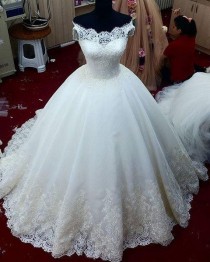 wedding photo - 2016 Ball Gown Wedding Dresses Cap Sleeves Lace Bridal Dresses Beaded Appliques Real Picture Wedding Gowns Floor Length Lace Up Back J1122