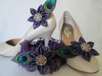 wedding photo - Plum Wedding Garter & Purple Kanzashi Flower Shoe Clips, 2 pc Set, Peacock Shoe Clips, Peacock Purple Lace Garter, Prom Garters Accessories