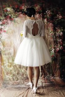 wedding photo - Short Lace Wedding Dress with Sleeves and Open back, Tea Length white lace Bridal dress