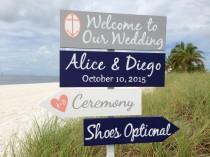 wedding photo - Silver Welcome Wedding Sign, Nautical Wedding Decor, Shoes Optional Directional Sign, Silver Wedding