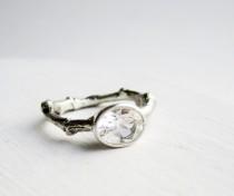 wedding photo - Oval White Topaz Silver Branch Ring, Engagement Ring, Twig ring