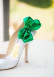 wedding photo - Wedding Shoe Clips. Emerald Green Bow. White Ivory Pearl Rhinestone. St Patricks Day. Satin Ribbon Red Teal Yellow Orange Blue Purple Golden