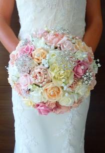 wedding photo - Bespoke Bright Pastel Pink, Ivory & Pearl Brooch flower roses wedding bridal bouquet