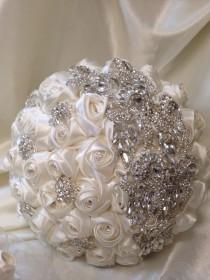 wedding photo - Ava satin rose & crystal brooch bouquet