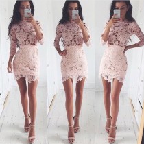 wedding photo -  Fancy Scalloped Neck 3/4 Sleeves Pink Sheath Lace Homecoming Dress Under 100 from Dressywomen