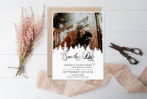 wedding photo -  Winter Save The Date Photo - Rustic Calligraphy Pine Trees Printable Photo Save the Date Card, Wedding Custom Save the Date, DIY Print You