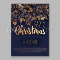 wedding photo - Christmas Invitation Poster with gold flowers roses and pine branches - Unique vector illustrations, christmas cards, wedding invitations, images and photos by Ivan Negin