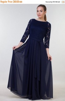 wedding photo - CHRISTMAS SALE Long navy blue bridesmaid dress with sleeves Navy blue lace dress Long navy dress Navy bridesmaid dress Prom navy blue dress