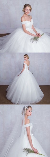 wedding photo - Ball Gown Wedding Dress Floor-length Off-the-shoulder Tulle With Bow / Criss-Cross