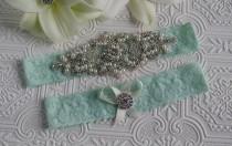 wedding photo - Bridal garter set/Rhinestone garter/Lace garter/Prom garter/bridal fashion/ something blue/mint green garter/mint garter/garter set