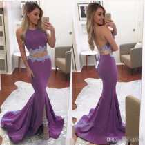 wedding photo - 2017 Arabic Sexy Backless Two Pieces Mermaid Prom Dresses with Sweep Train Purple Appliques Pageant Party Gowns Robe De Soiree Evening Gowns Cheap Evening Dresses Two Pieces Evening Dresses 2016 Evening Dresses Online with 128.0/Piece on Hjklp88's Store 
