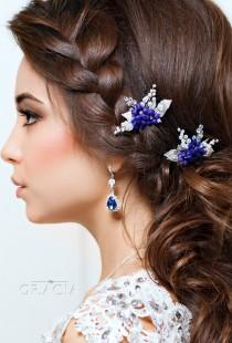wedding photo - Blue hair pins Flower hair pins Pearl Bridal hair pins Navy blue wedding Leaf Blue hair clip Floral hair pins Leaf hair pins