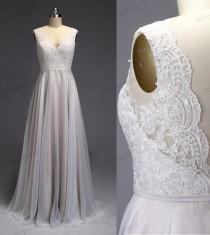 wedding photo - Ivory Lace Wedding Dress V Back Open Bridal Gown Chiffon Fabric/Cheap Plus Size Lace Dress For Wedding/100% Handmade